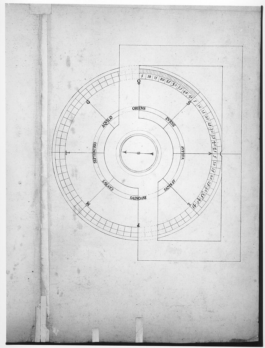 St. Peter's, drum, plan, at two levels (recto) compass (verso), Drawn by Anonymous, French, 16th century, Dark brown ink, black chalk, and incised lines