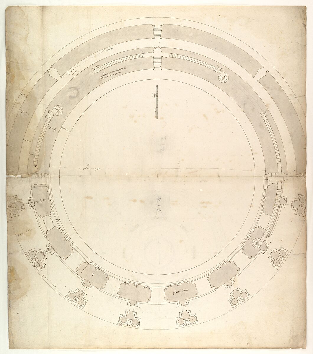 St. Peter's, drum, plan, at two levels (recto) compass (verso), Drawn by Anonymous, French, 16th century, Dark brown ink, black chalk, and incised lines 