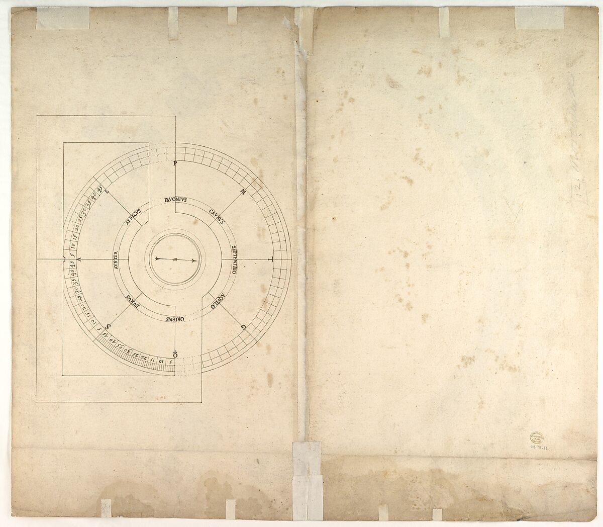 St. Peter's, drum, plan, at two levels (recto) compass (verso), Drawn by Anonymous, French, 16th century, Dark brown ink, black chalk, and incised lines