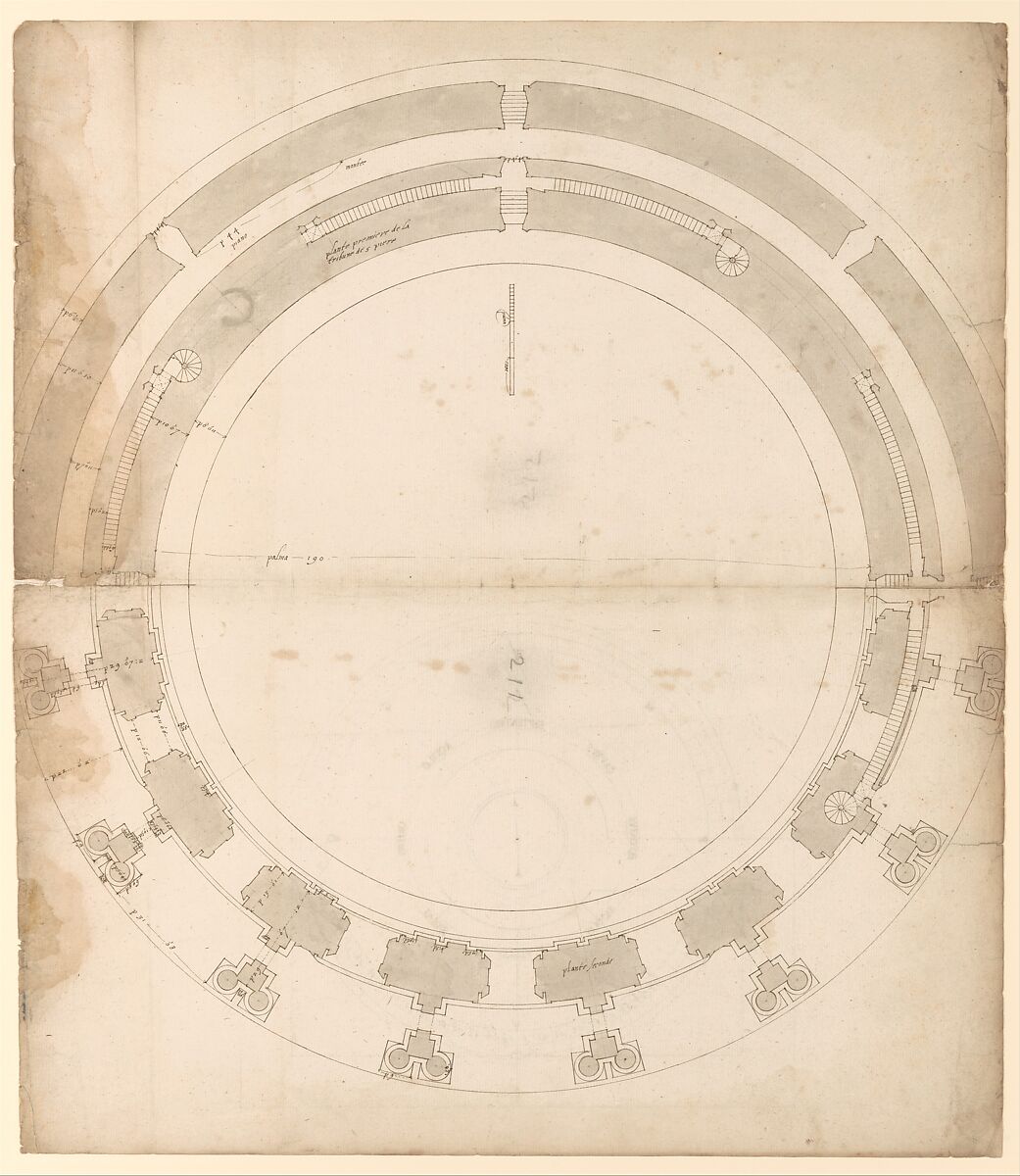 St. Peter's, drum, plan, at two levels (recto) compass (verso), Drawn by Anonymous, French, 16th century, Dark brown ink, black chalk, and incised lines