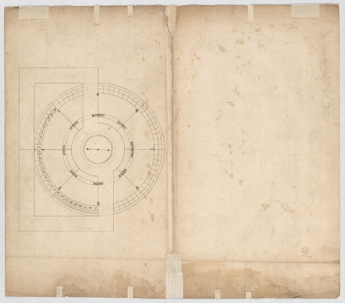 St. Peter's, drum, plan, at two levels (recto) compass (verso), Drawn by Anonymous, French, 16th century, Dark brown ink, black chalk, and incised lines