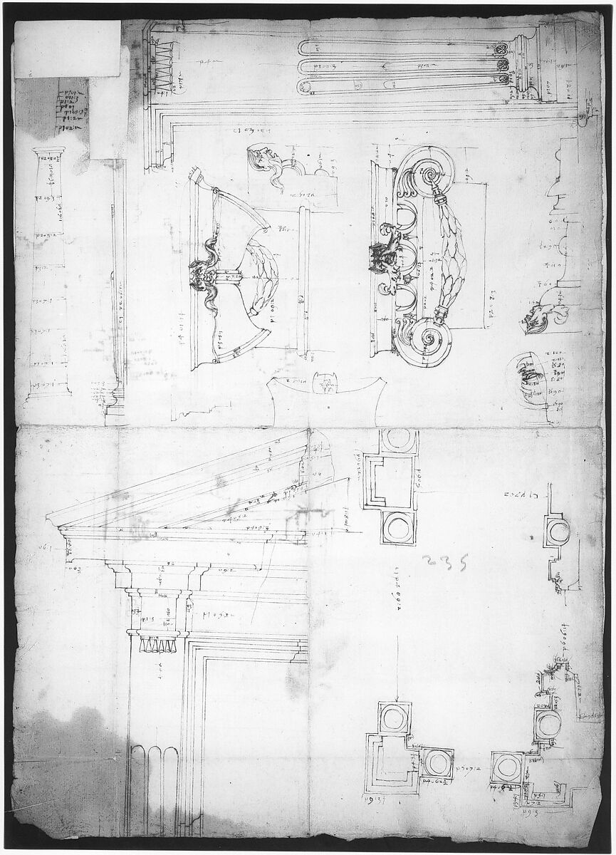 Palazzo dei Conservatori, portico, plan; portal, elevation; details, elevations (recto) Palazzo dei Conservatori, portico, elevation; details, profiles (verso), Drawn by Anonymous, French, 16th century, Dark brown ink, black chalk, and incised lines