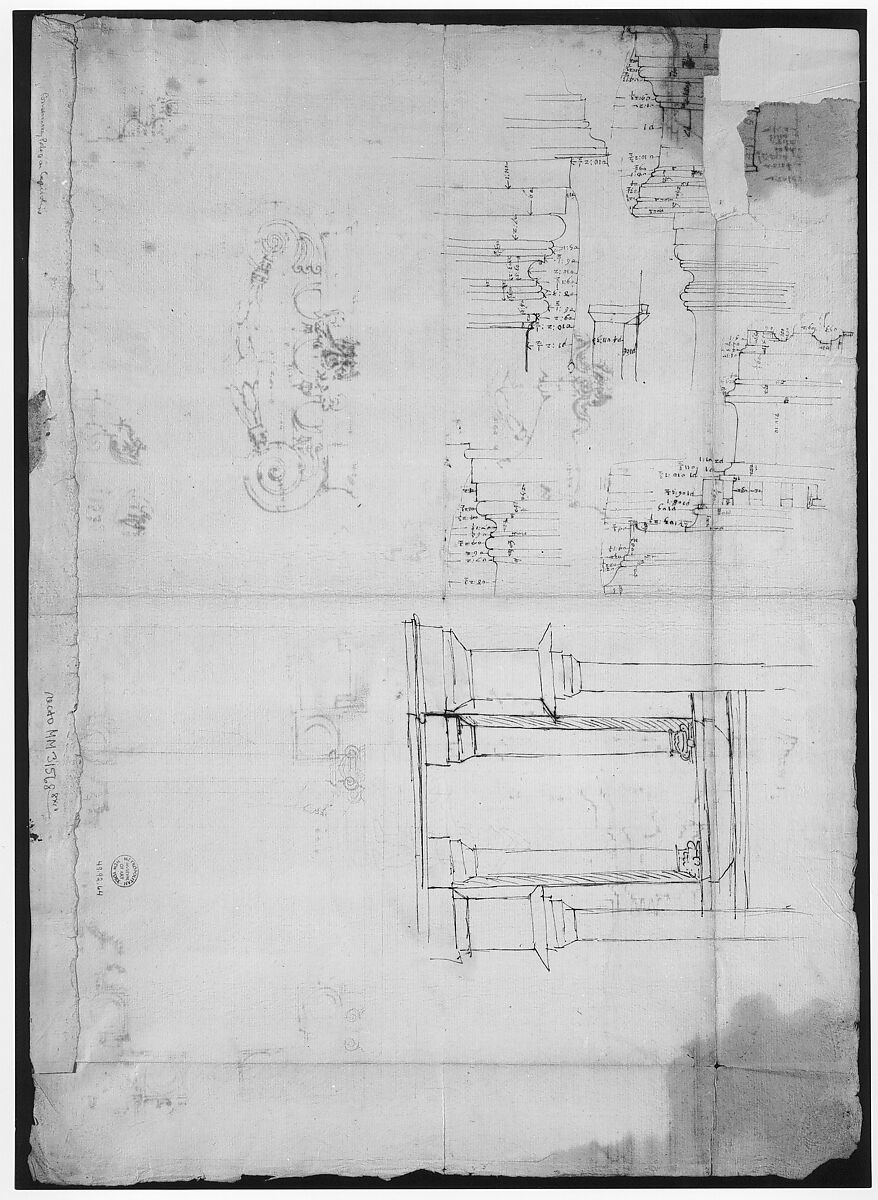 Palazzo dei Conservatori, portico, plan; portal, elevation; details, elevations (recto) Palazzo dei Conservatori, portico, elevation; details, profiles (verso), Drawn by Anonymous, French, 16th century, Dark brown ink, black chalk, and incised lines