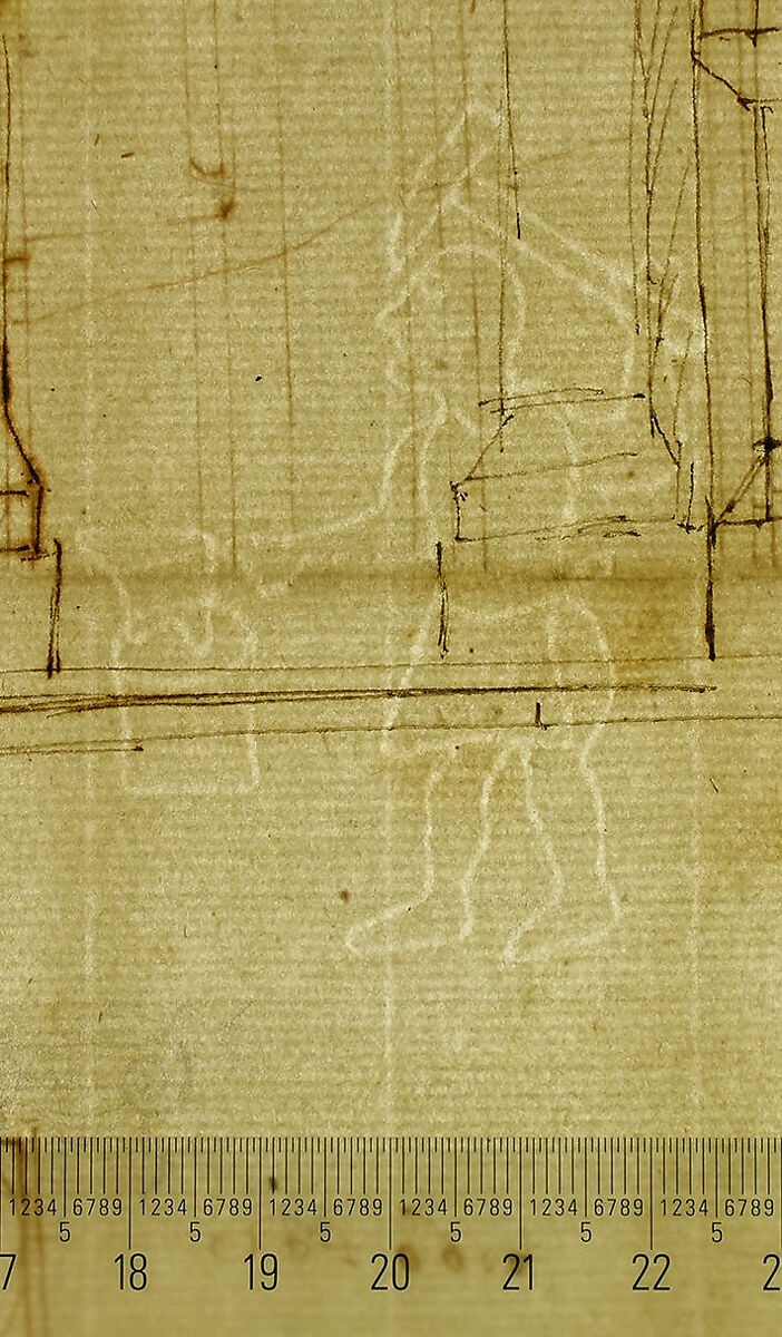 Palazzo dei Conservatori, portico, plan; portal, elevation; details, elevations (recto) Palazzo dei Conservatori, portico, elevation; details, profiles (verso), Drawn by Anonymous, French, 16th century, Dark brown ink, black chalk, and incised lines