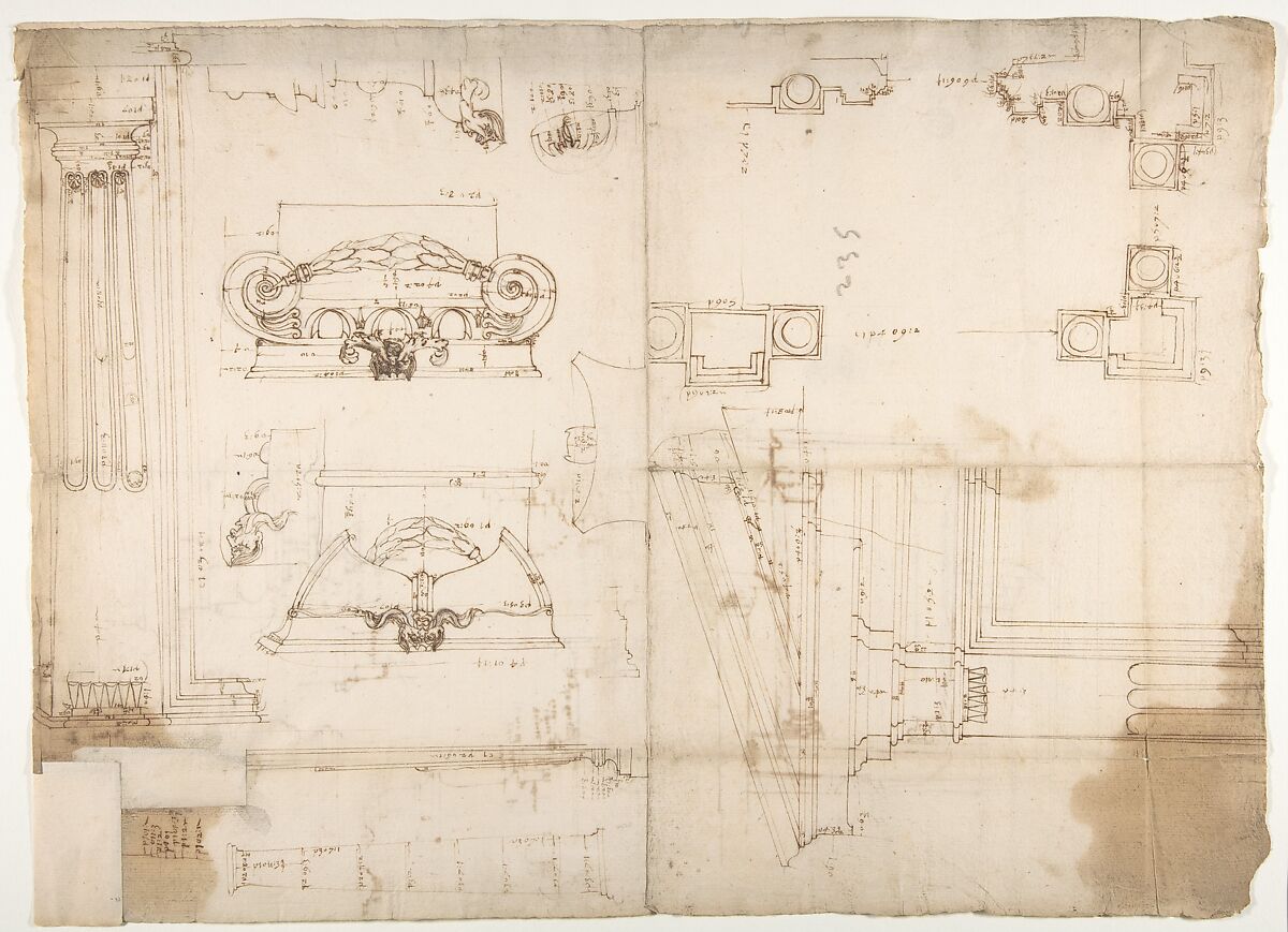 Palazzo dei Conservatori, portico, plan; portal, elevation; details, elevations (recto) Palazzo dei Conservatori, portico, elevation; details, profiles (verso), Drawn by Anonymous, French, 16th century, Dark brown ink, black chalk, and incised lines 