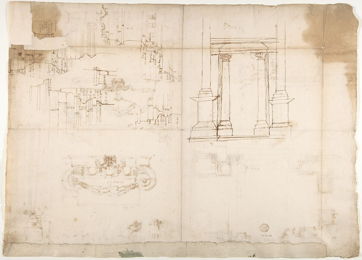 Palazzo dei Conservatori, portico, plan; portal, elevation; details, elevations (recto) Palazzo dei Conservatori, portico, elevation; details, profiles (verso), Drawn by Anonymous, French, 16th century, Dark brown ink, black chalk, and incised lines