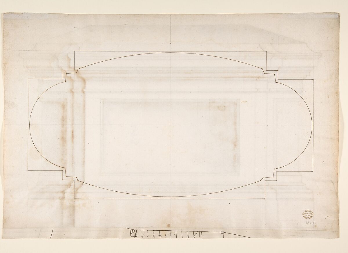 Marcus Aurelius Statue, pedestal, elevation (recto) Marcus Aurelius Statue, pedestal, plan (verso), Drawn by Anonymous, French, 16th century, Dark brown ink, black chalk, and incised lines