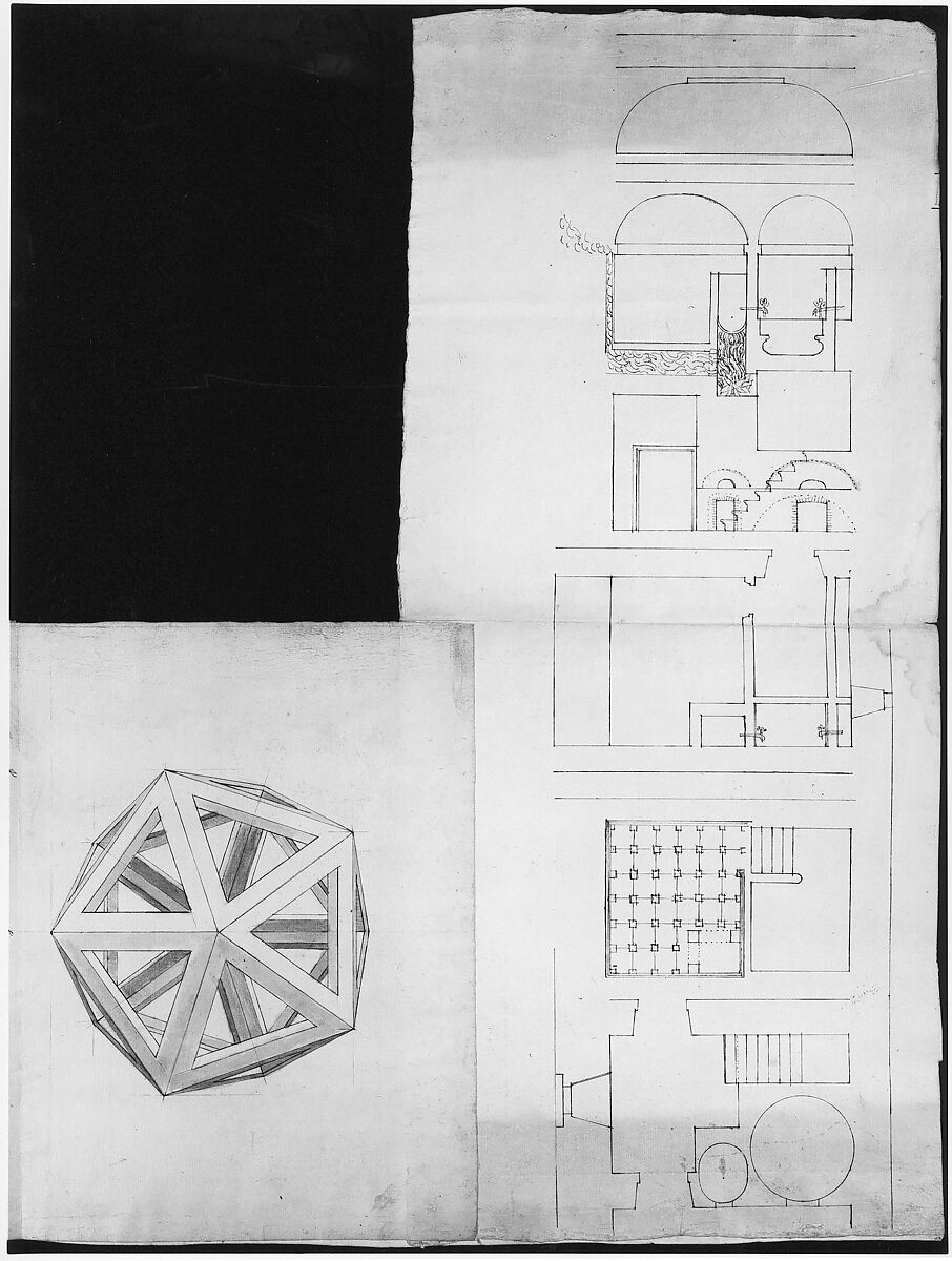 Unidentified , orthographic study, plans and section (recto) Rhomicuboctahedron, skeletal, perspective; elevation, perspective projection (verso), Drawn by Anonymous, French, 16th century, Dark brown ink, black chalk, and incised lines