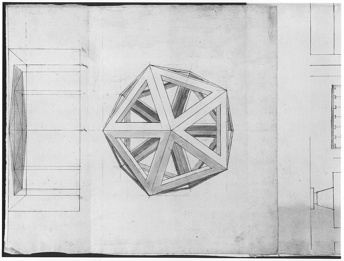 Unidentified , orthographic study, plans and section (recto) Rhomicuboctahedron, skeletal, perspective; elevation, perspective projection (verso), Drawn by Anonymous, French, 16th century, Dark brown ink, black chalk, and incised lines