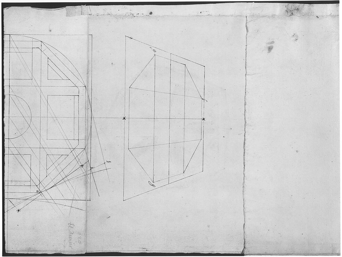 Unidentified , orthographic study, plans and section (recto) Rhomicuboctahedron, skeletal, perspective; elevation, perspective projection (verso), Drawn by Anonymous, French, 16th century, Dark brown ink, black chalk, and incised lines