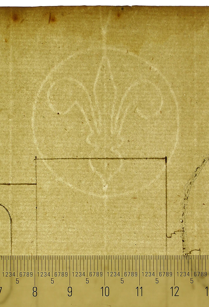 Unidentified , orthographic study, plans and section (recto) Rhomicuboctahedron, skeletal, perspective; elevation, perspective projection (verso), Drawn by Anonymous, French, 16th century, Dark brown ink, black chalk, and incised lines