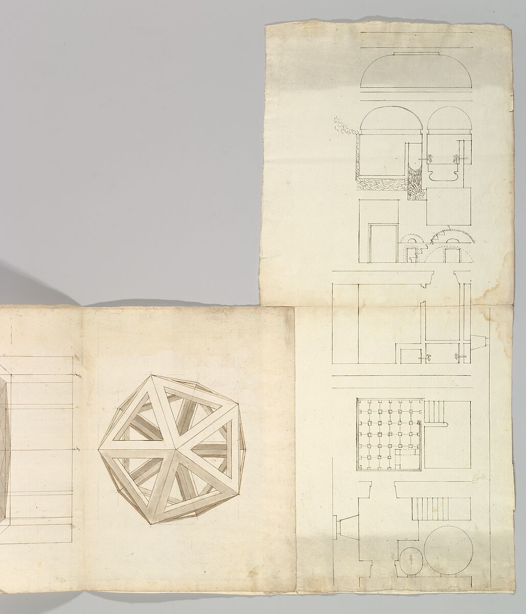 Unidentified , orthographic study, plans and section (recto) Rhomicuboctahedron, skeletal, perspective; elevation, perspective projection (verso), Drawn by Anonymous, French, 16th century, Dark brown ink, black chalk, and incised lines 