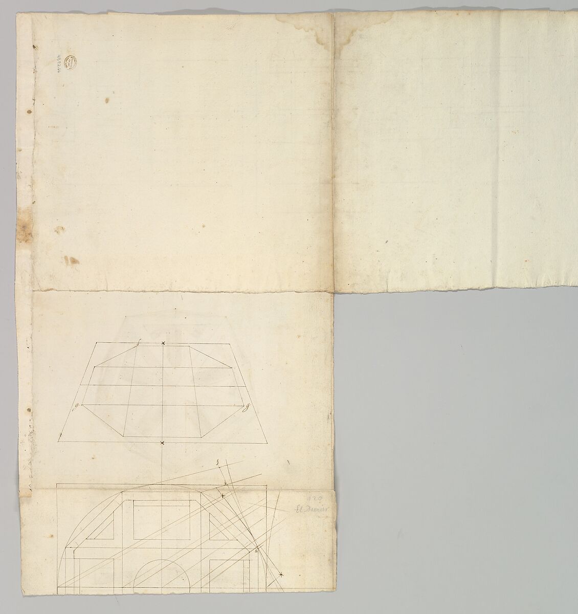 Unidentified , orthographic study, plans and section (recto) Rhomicuboctahedron, skeletal, perspective; elevation, perspective projection (verso), Drawn by Anonymous, French, 16th century, Dark brown ink, black chalk, and incised lines