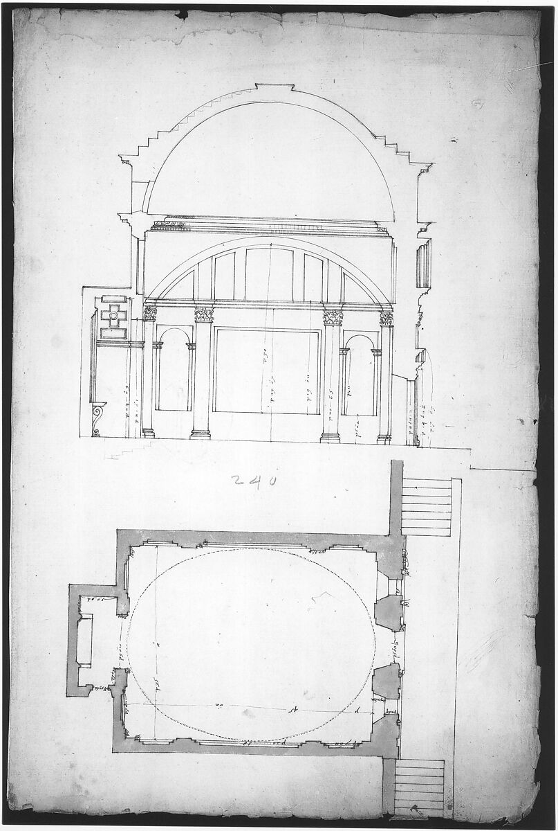 S. Andrea via Flaminia, plan; section (recto) blank (verso), Drawn by Anonymous, French, 16th century, Dark brown ink, black chalk, and incised lines