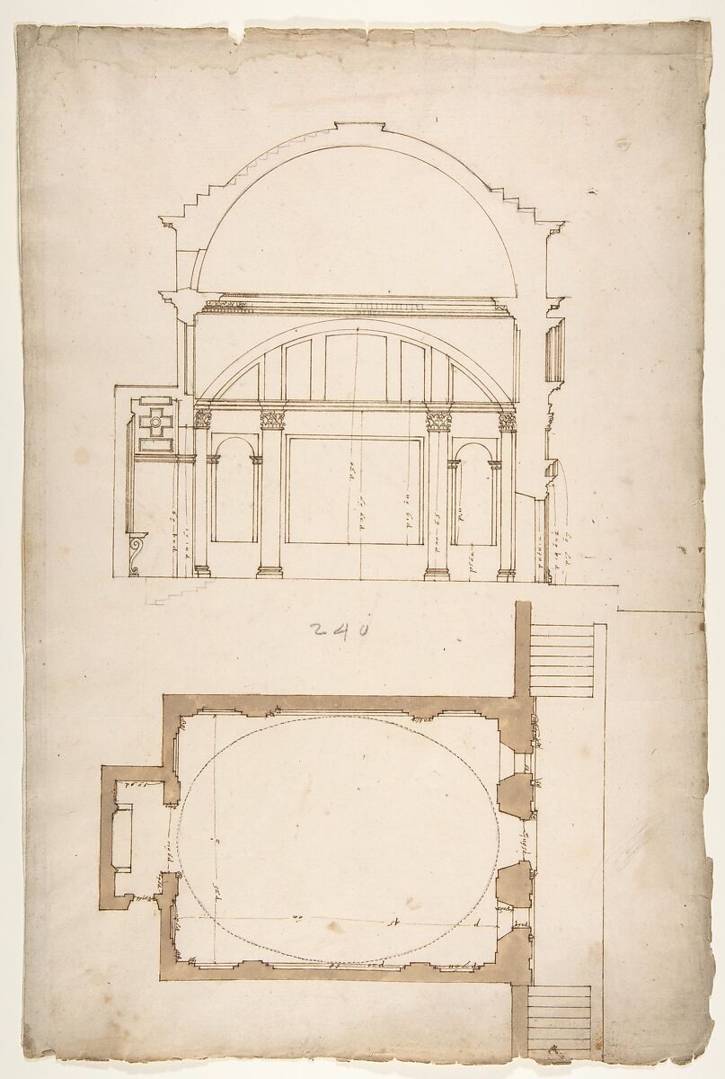 S. Andrea via Flaminia, plan; section (recto) blank (verso), Drawn by Anonymous, French, 16th century, Dark brown ink, black chalk, and incised lines 