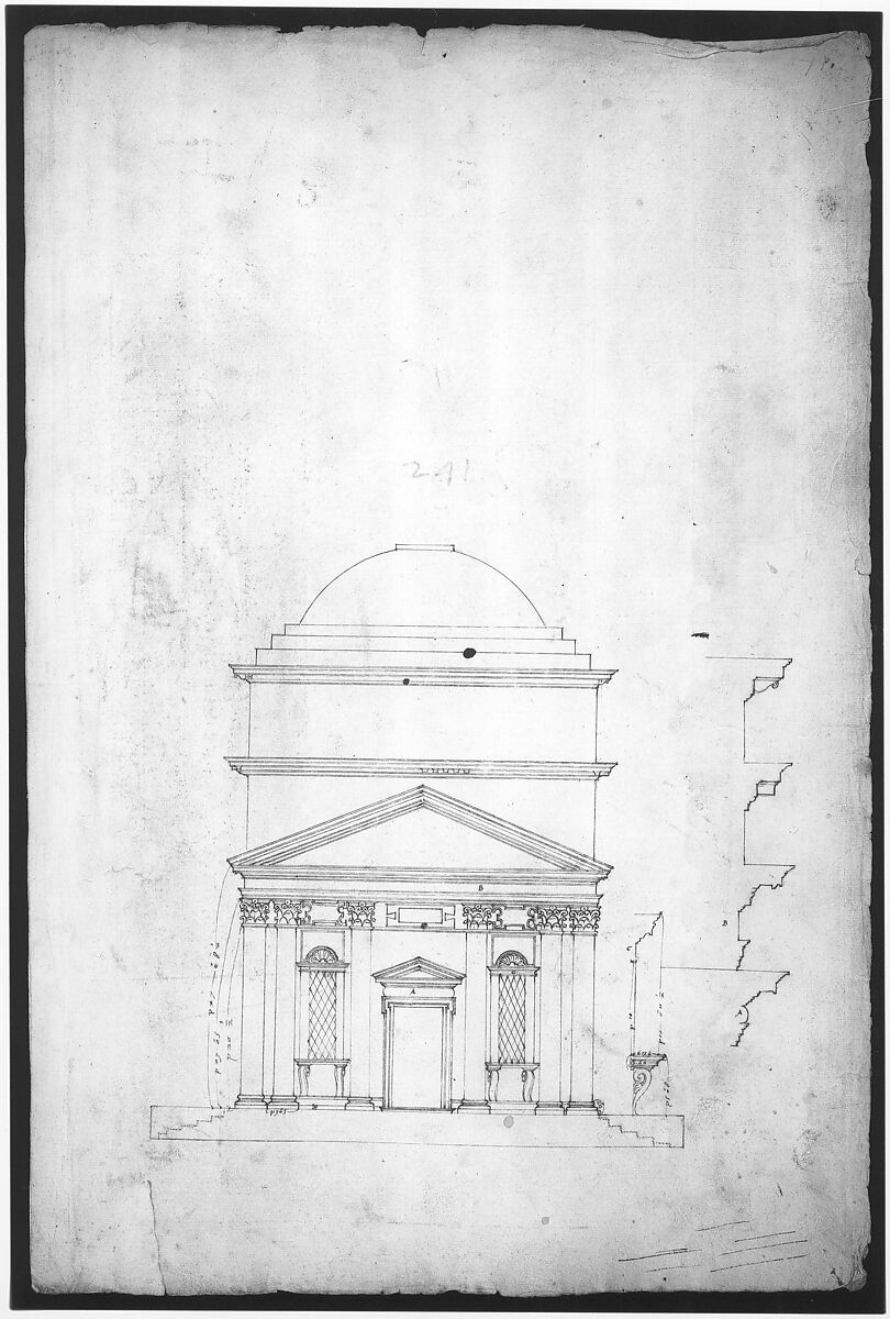 S. Andrea via Flaminia, elevation (recto) blank (verso), Drawn by Anonymous, French, 16th century, Dark brown ink, black chalk, and incised lines