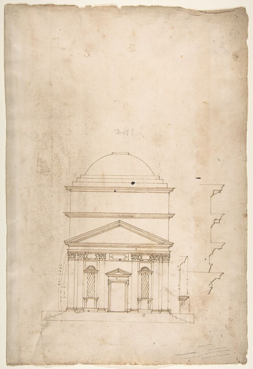 S. Andrea via Flaminia, elevation (recto) blank (verso), Drawn by Anonymous, French, 16th century, Dark brown ink, black chalk, and incised lines 