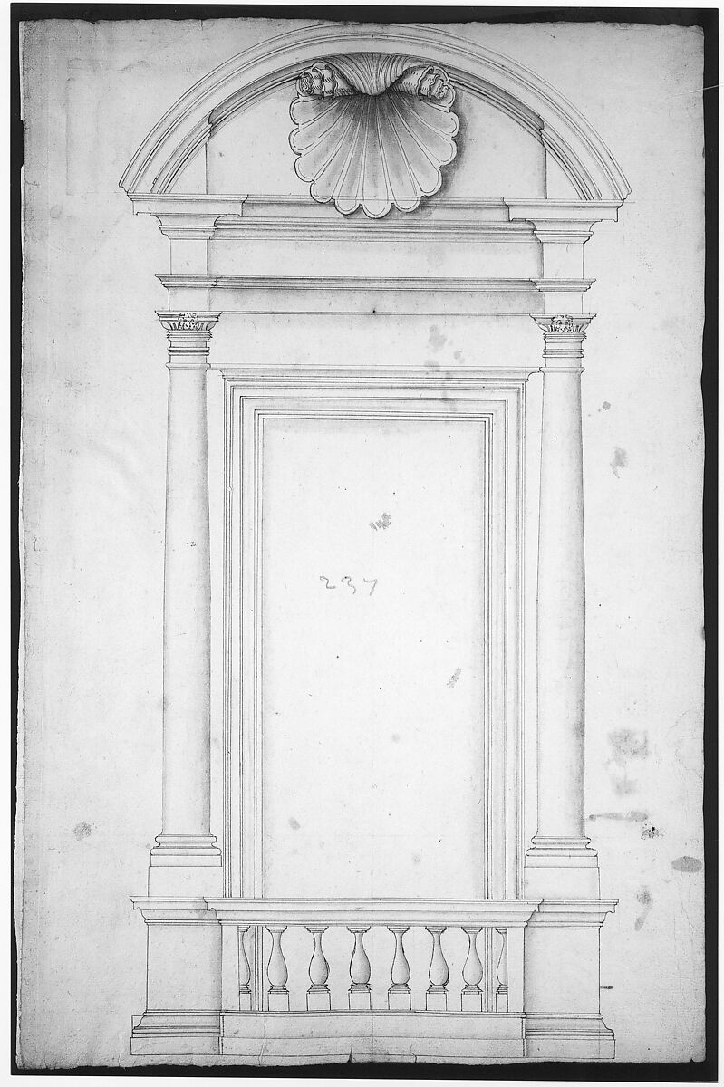 Palazzo Senatorio, window, elevation (recto) Palazzo Senatorio, window, plan; section (verso), Drawn by Anonymous, French, 16th century, Dark brown ink, black chalk, and incised lines
