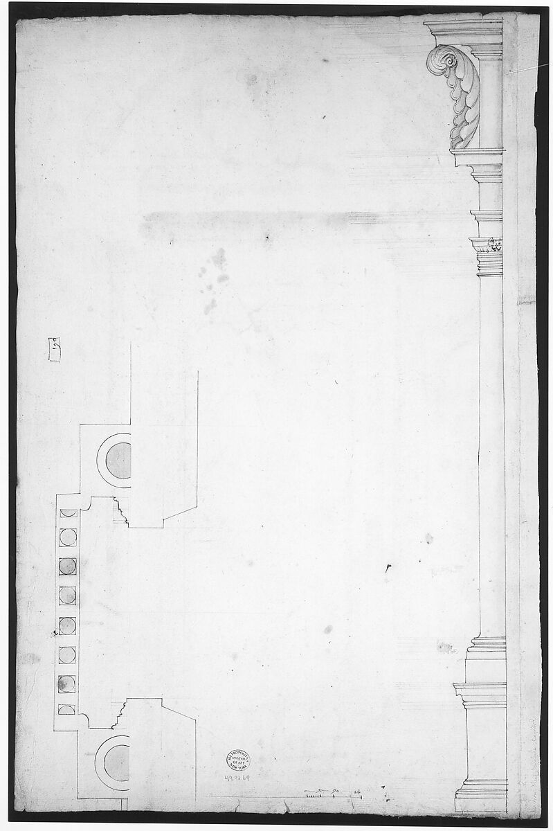 Palazzo Senatorio, window, elevation (recto) Palazzo Senatorio, window, plan; section (verso), Drawn by Anonymous, French, 16th century, Dark brown ink, black chalk, and incised lines