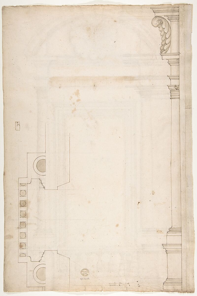 Palazzo Senatorio, window, elevation (recto) Palazzo Senatorio, window, plan; section (verso), Drawn by Anonymous, French, 16th century, Dark brown ink, black chalk, and incised lines