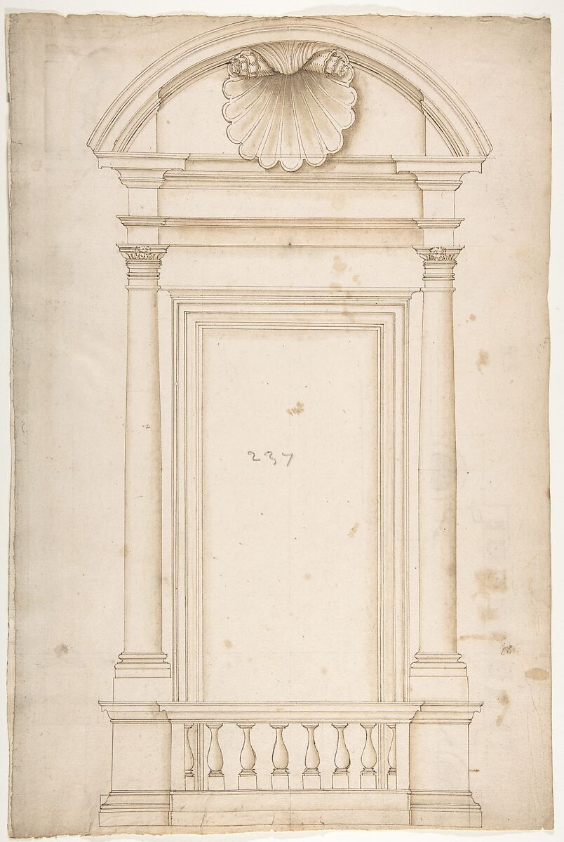 Palazzo Senatorio, window, elevation (recto) Palazzo Senatorio, window, plan; section (verso), Drawn by Anonymous, French, 16th century, Dark brown ink, black chalk, and incised lines 