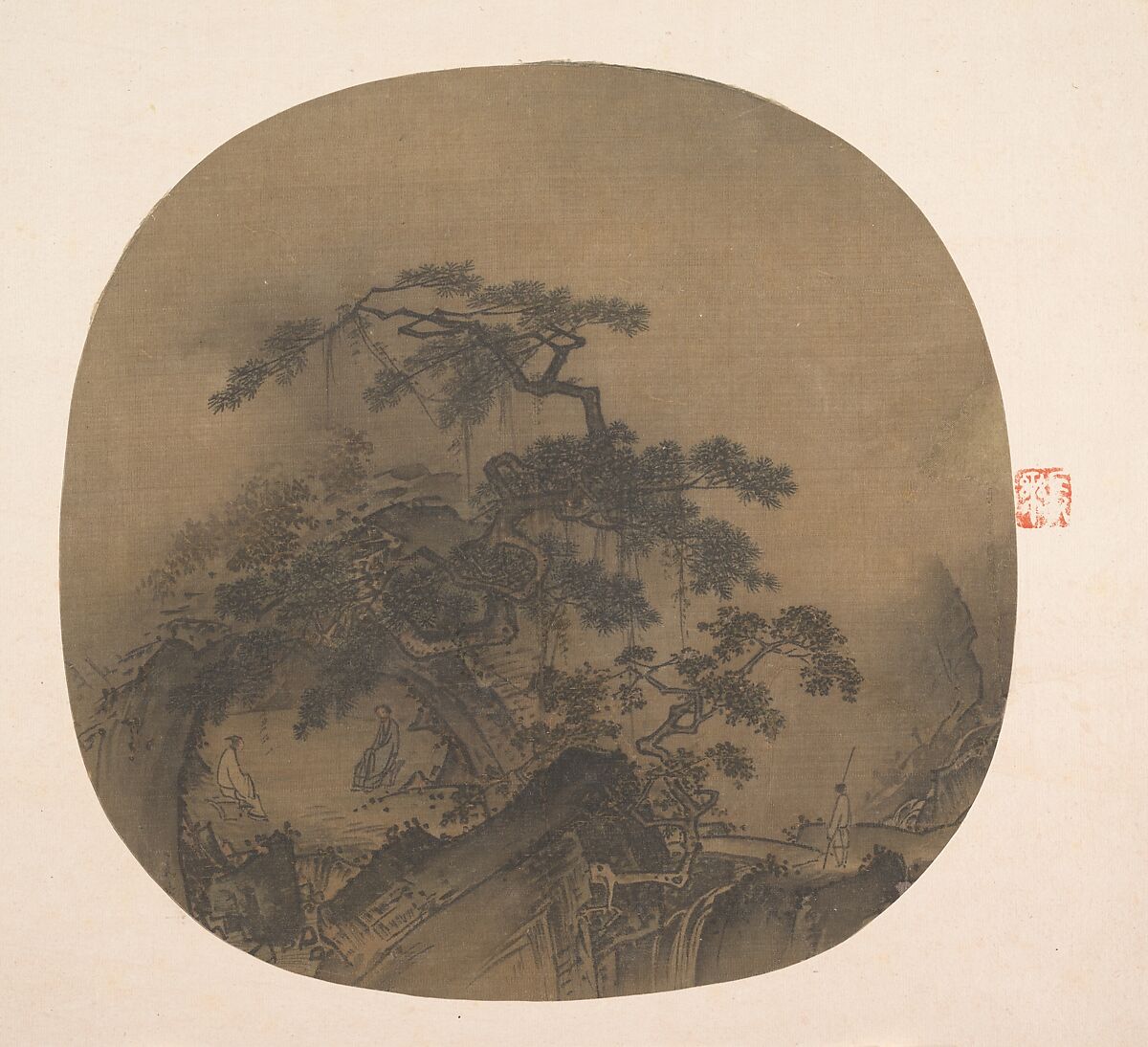 Conversation in a cave, Unidentified Artist, Fan mounted as an album leaf; ink and color on silk, China 