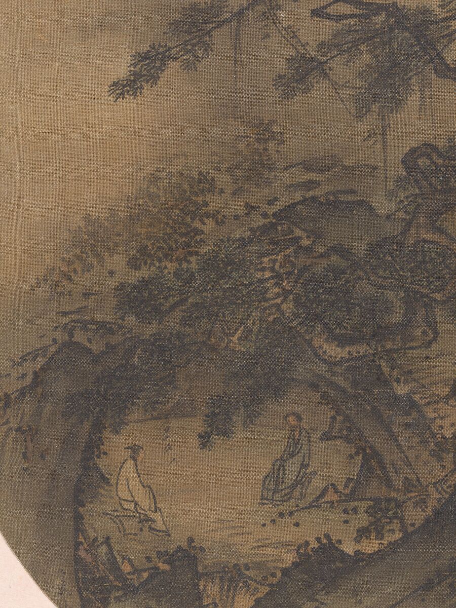 Conversation in a cave, Unidentified Artist, Fan mounted as an album leaf; ink and color on silk, China