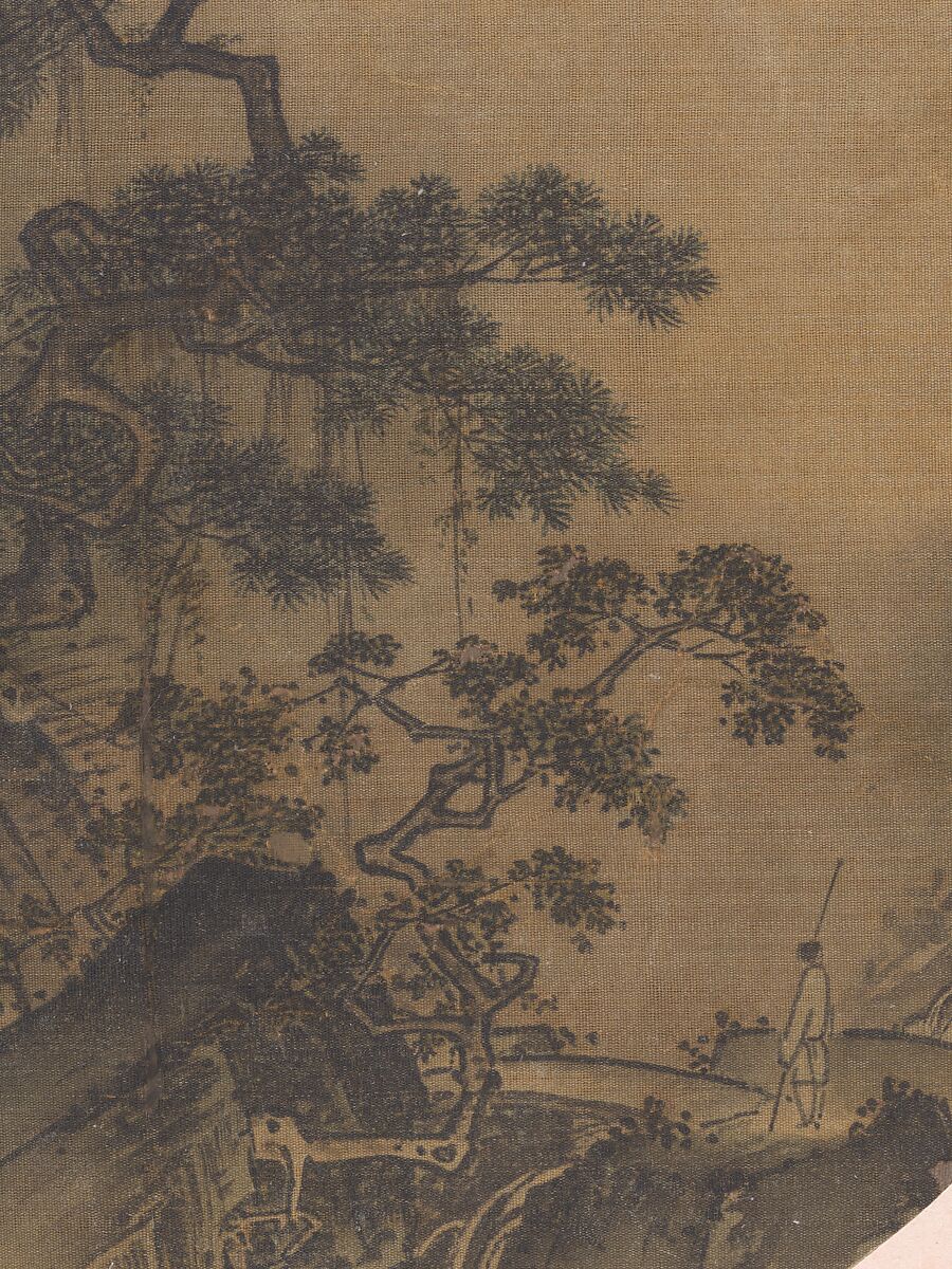Conversation in a cave, Unidentified Artist, Fan mounted as an album leaf; ink and color on silk, China