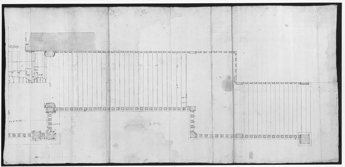 Palazzo Senatorio, stair, upper ramp and entry portal (recto) Palazzo Senatorio, stair, lower ramp and pedestal (verso), Drawn by Anonymous, French, 16th century, Dark brown ink, black chalk, and incised lines 