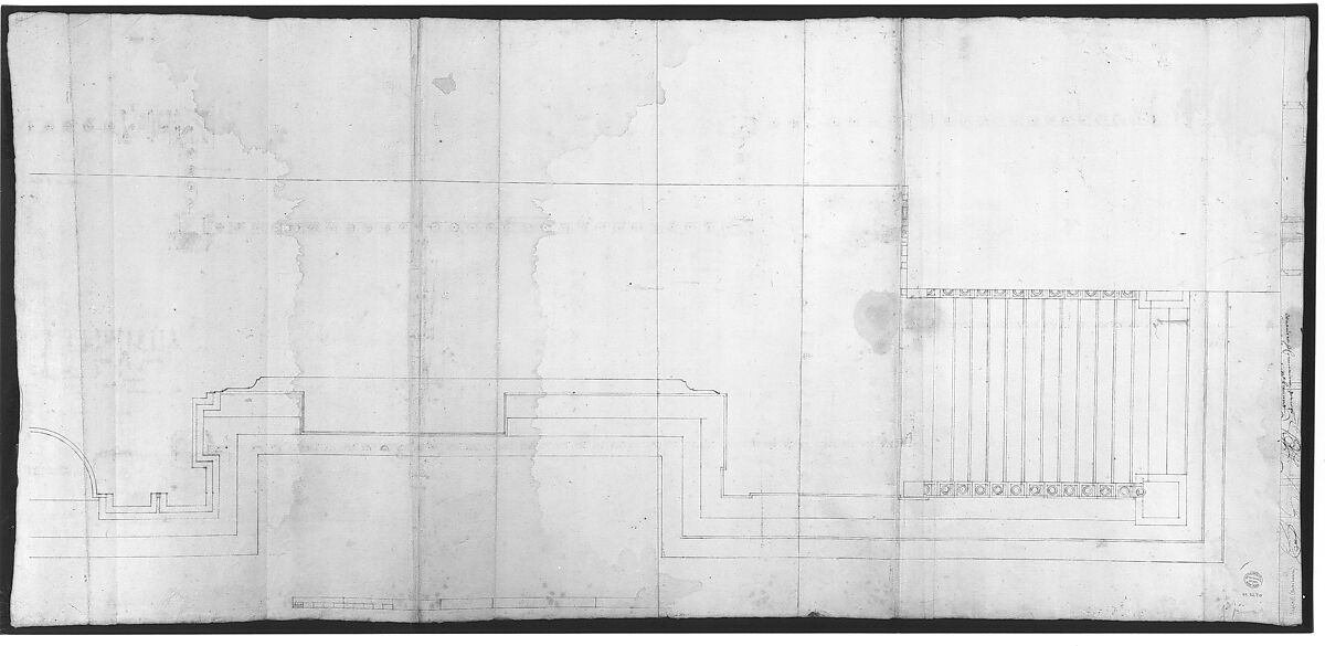 Palazzo Senatorio, stair, upper ramp and entry portal (recto) Palazzo Senatorio, stair, lower ramp and pedestal (verso), Drawn by Anonymous, French, 16th century, Dark brown ink, black chalk, and incised lines