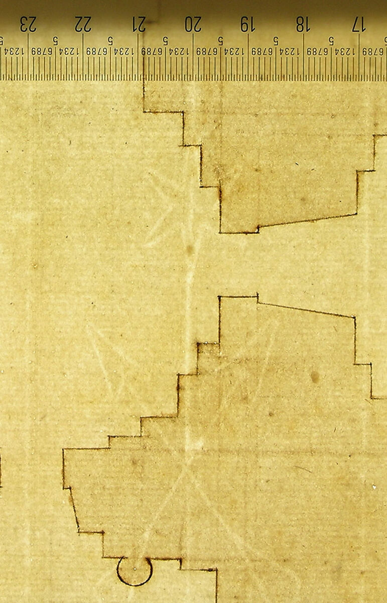 St. Peter's, plan (recto) blank (verso), Drawn by Anonymous, French, 16th century, Dark brown ink, black chalk, and incised lines
