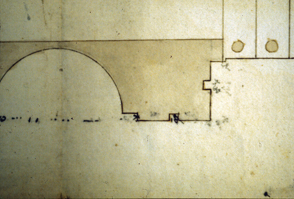 Cortile del Belvedere, Upper Courtyard, stair, plan (recto) blank (verso), Drawn by Anonymous, French, 16th century, Dark brown ink, black chalk, and incised lines