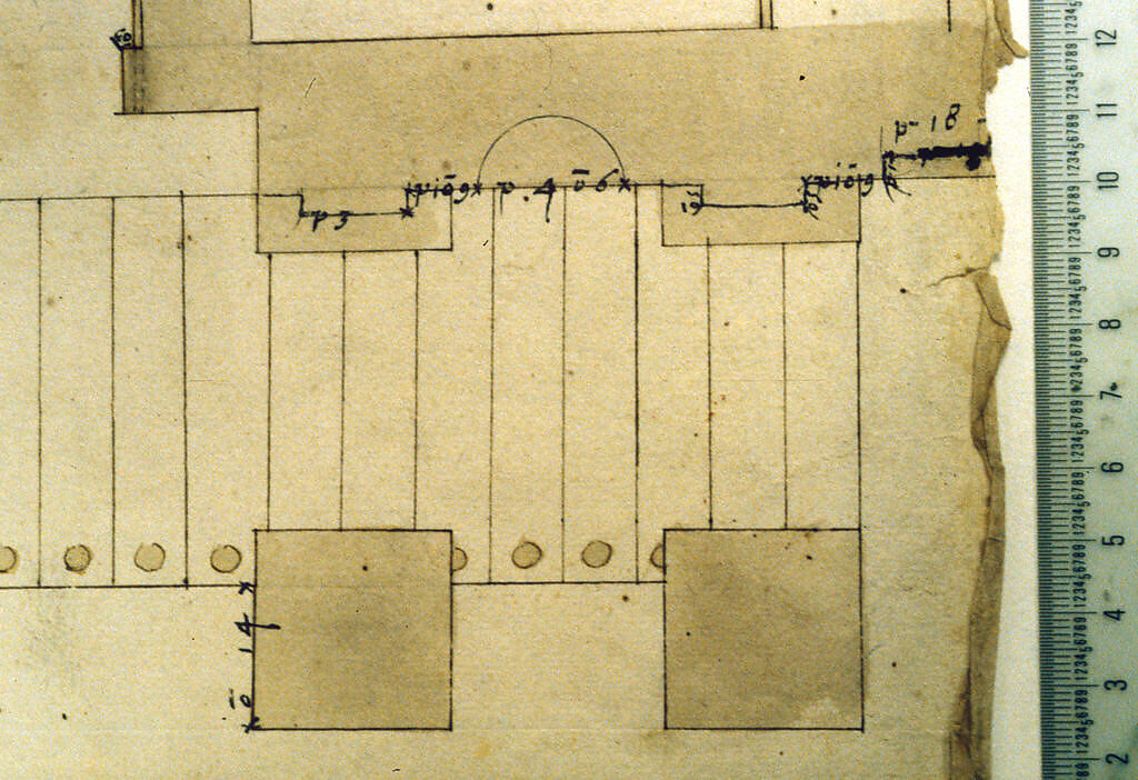 Cortile del Belvedere, Upper Courtyard, stair, plan (recto) blank (verso), Drawn by Anonymous, French, 16th century, Dark brown ink, black chalk, and incised lines