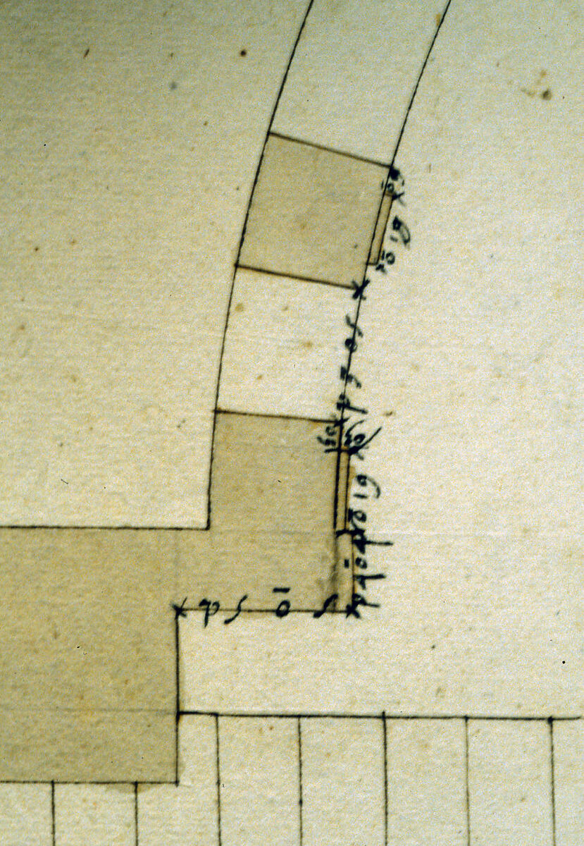Cortile del Belvedere, Upper Courtyard, stair, plan (recto) blank (verso), Drawn by Anonymous, French, 16th century, Dark brown ink, black chalk, and incised lines
