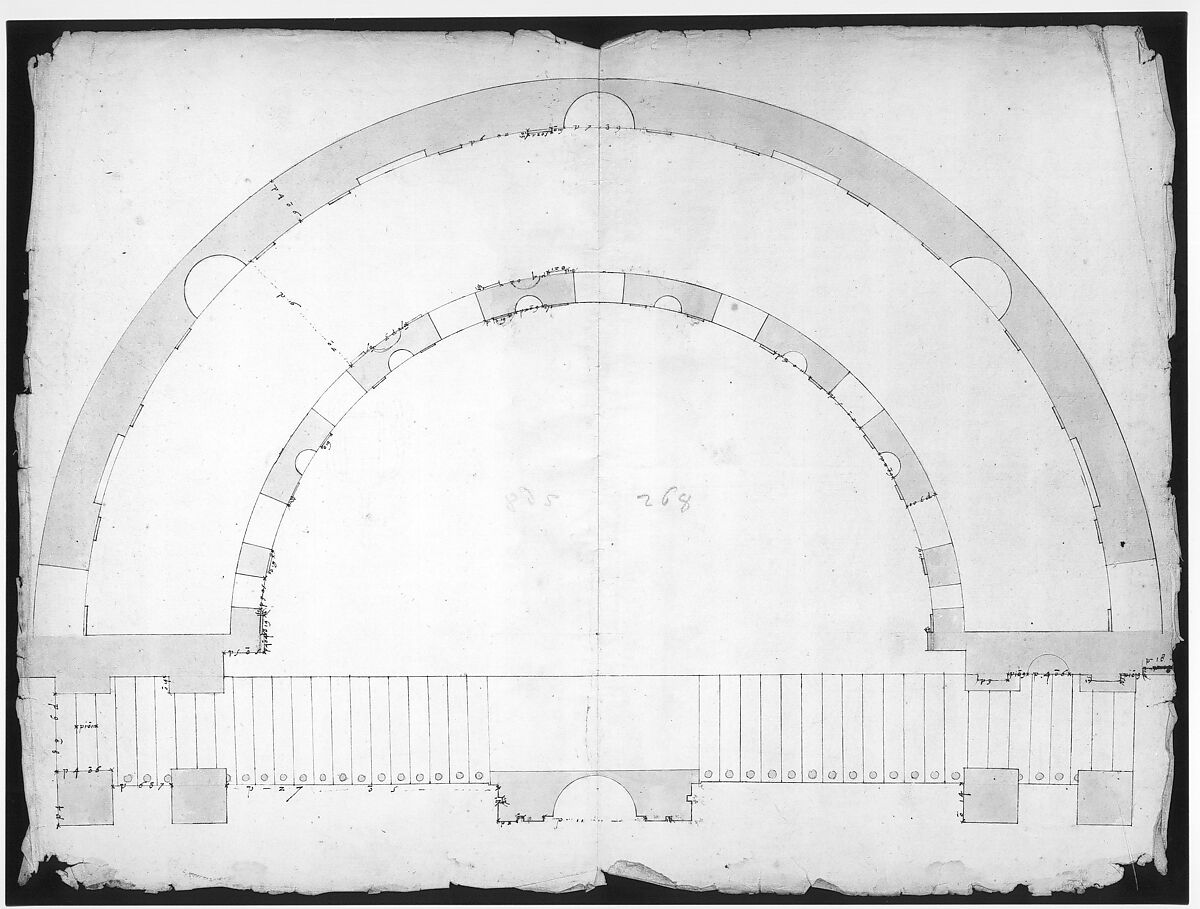 Cortile del Belvedere, Upper Courtyard, stair, plan (recto) blank (verso), Drawn by Anonymous, French, 16th century, Dark brown ink, black chalk, and incised lines
