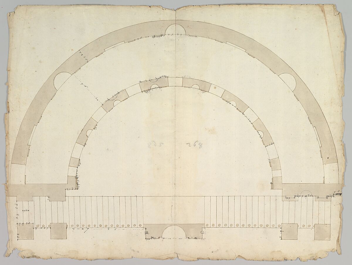 Cortile del Belvedere, Upper Courtyard, stair, plan (recto) blank (verso), Drawn by Anonymous, French, 16th century, Dark brown ink, black chalk, and incised lines 