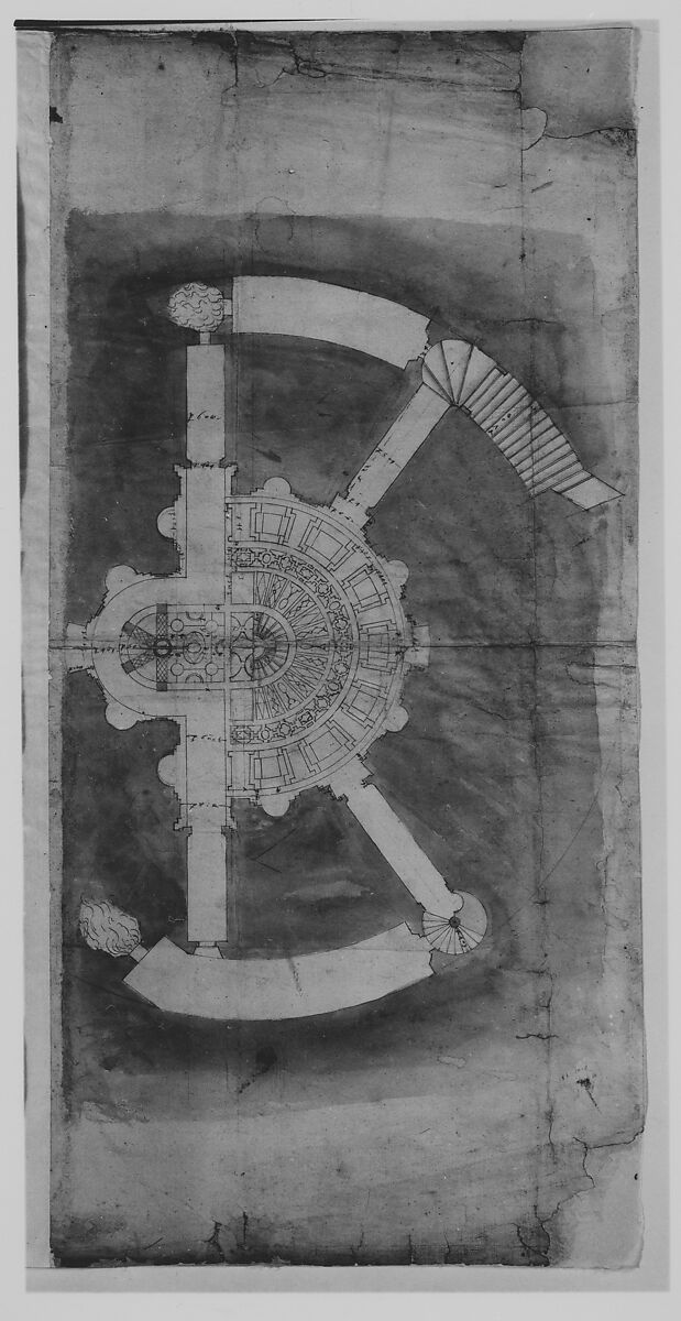Villa Giulia, plan (composite), Drawn by Anonymous, French, 16th century, Pen and dark brown ink, brush and brown wash, over traces of black chalk, ruling and compass work, on a gathering of five sheets of paper.