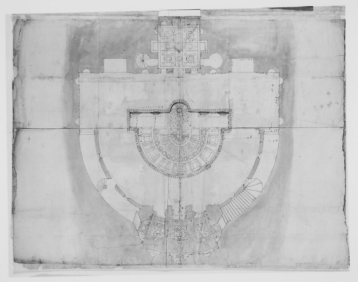 Villa Giulia, plan (composite), Drawn by Anonymous, French, 16th century, Pen and dark brown ink, brush and brown wash, over traces of black chalk, ruling and compass work, on a gathering of five sheets of paper. 