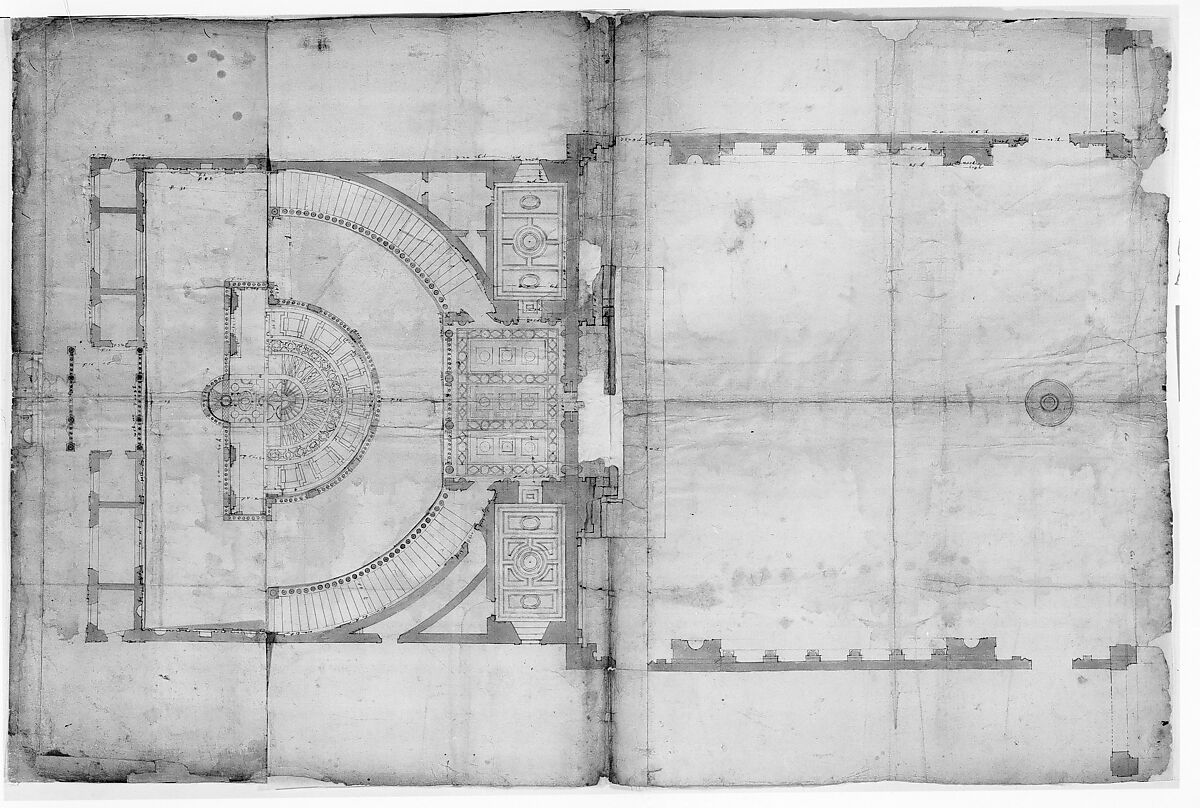 Villa Giulia, plan (composite), Drawn by Anonymous, French, 16th century, Pen and dark brown ink, brush and brown wash, over traces of black chalk, ruling and compass work, on a gathering of five sheets of paper.