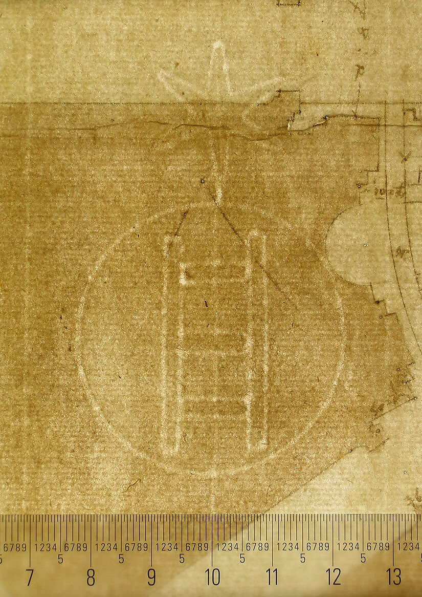 Villa Giulia, plan (composite), Drawn by Anonymous, French, 16th century, Pen and dark brown ink, brush and brown wash, over traces of black chalk, ruling and compass work, on a gathering of five sheets of paper.