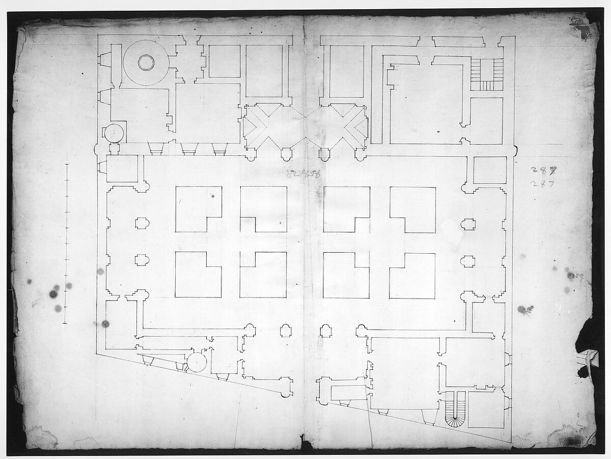 Palazzo Farnese, plan, garden extension (recto) blank (verso), Drawn by Anonymous, French, 16th century, Dark brown ink, black chalk, and incised lines