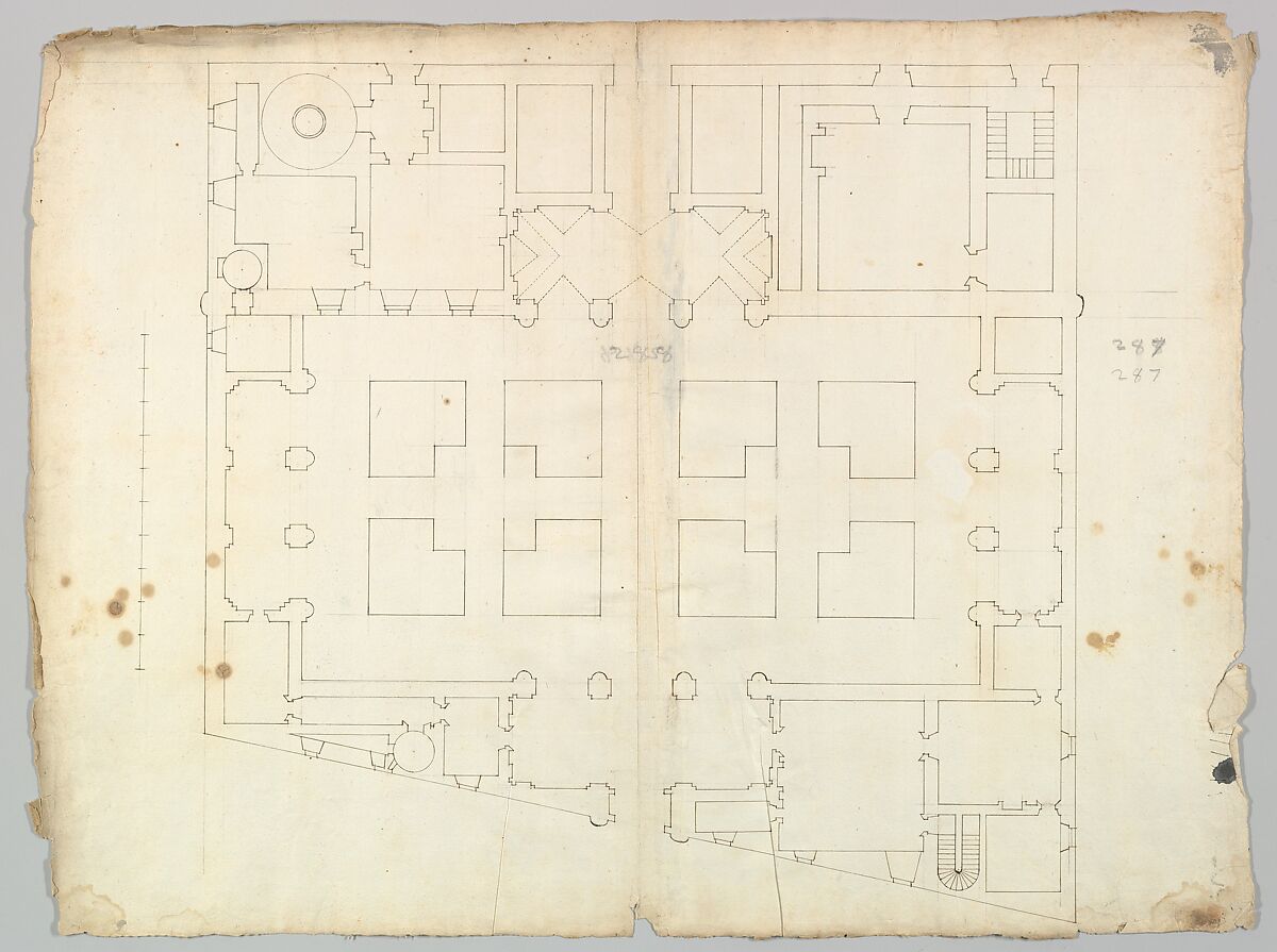 Palazzo Farnese, plan, garden extension (recto) blank (verso), Drawn by Anonymous, French, 16th century, Dark brown ink, black chalk, and incised lines 