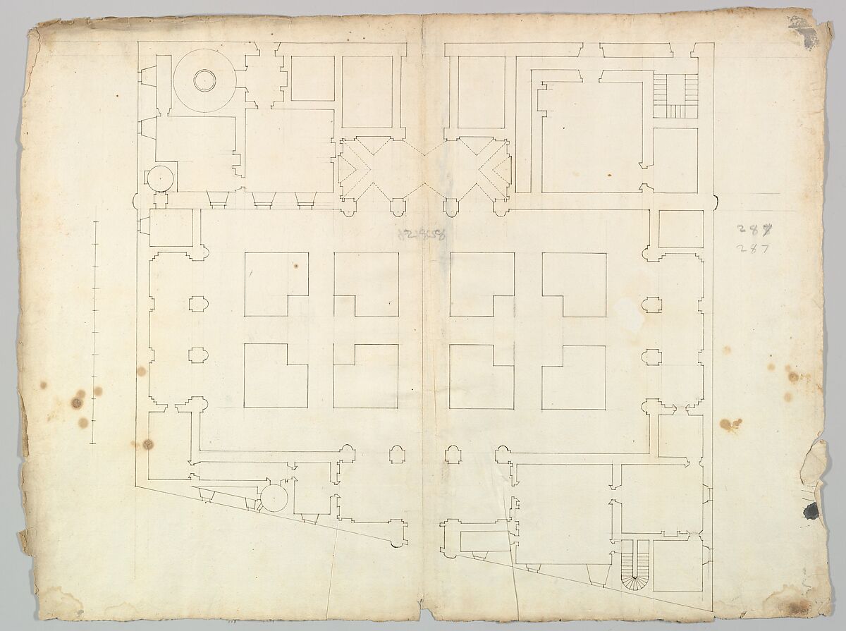 Palazzo Farnese, plan, garden extension (recto) blank (verso), Drawn by Anonymous, French, 16th century, Dark brown ink, black chalk, and incised lines 