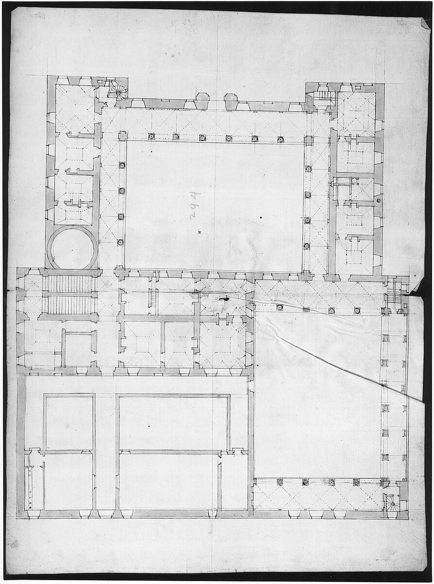 Unidentified building, plan (recto) blank (verso), Drawn by Anonymous, French, 16th century, Dark brown ink, black chalk, and incised lines