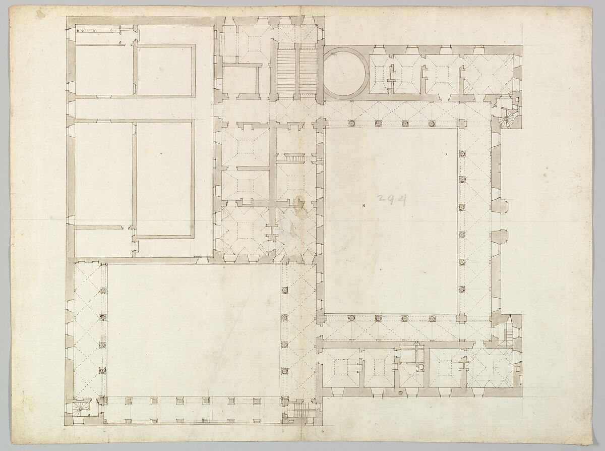 Unidentified building, plan (recto) blank (verso), Drawn by Anonymous, French, 16th century, Dark brown ink, black chalk, and incised lines 