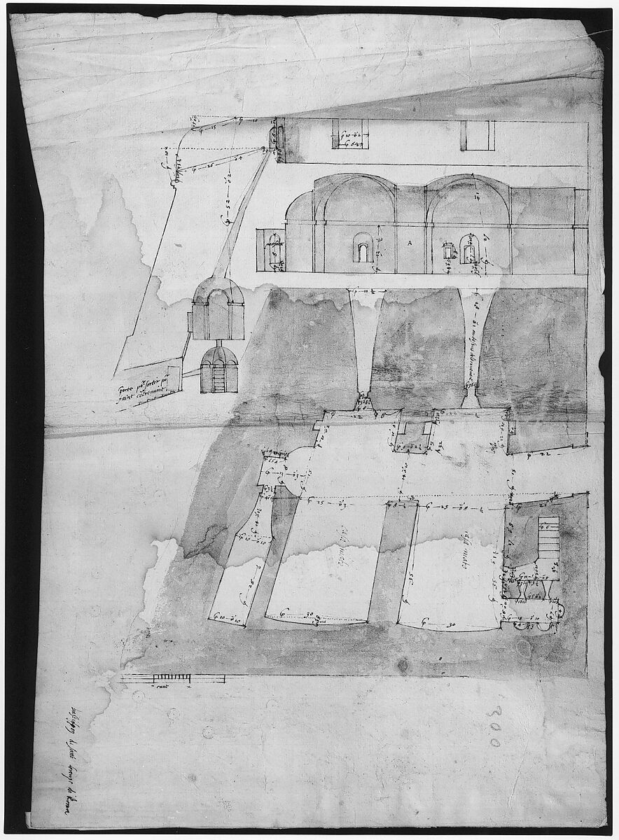 Bastione Ardeatino, Rome, plan and section (recto) Bastione Ardeatino, Rome, plans (verso), Drawn by Anonymous, French, 16th century, Dark brown ink, black chalk, and incised lines