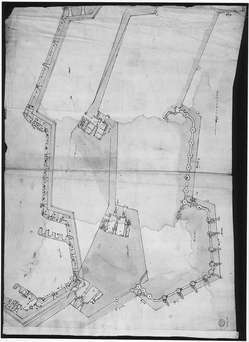 Bastione Ardeatino, Rome, plan and section (recto) Bastione Ardeatino, Rome, plans (verso), Drawn by Anonymous, French, 16th century, Dark brown ink, black chalk, and incised lines