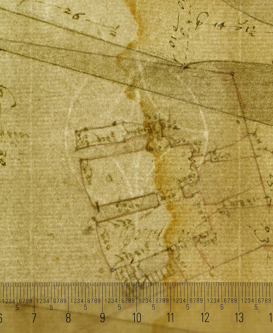 Bastione Ardeatino, Rome, plan and section (recto) Bastione Ardeatino, Rome, plans (verso), Drawn by Anonymous, French, 16th century, Dark brown ink, black chalk, and incised lines