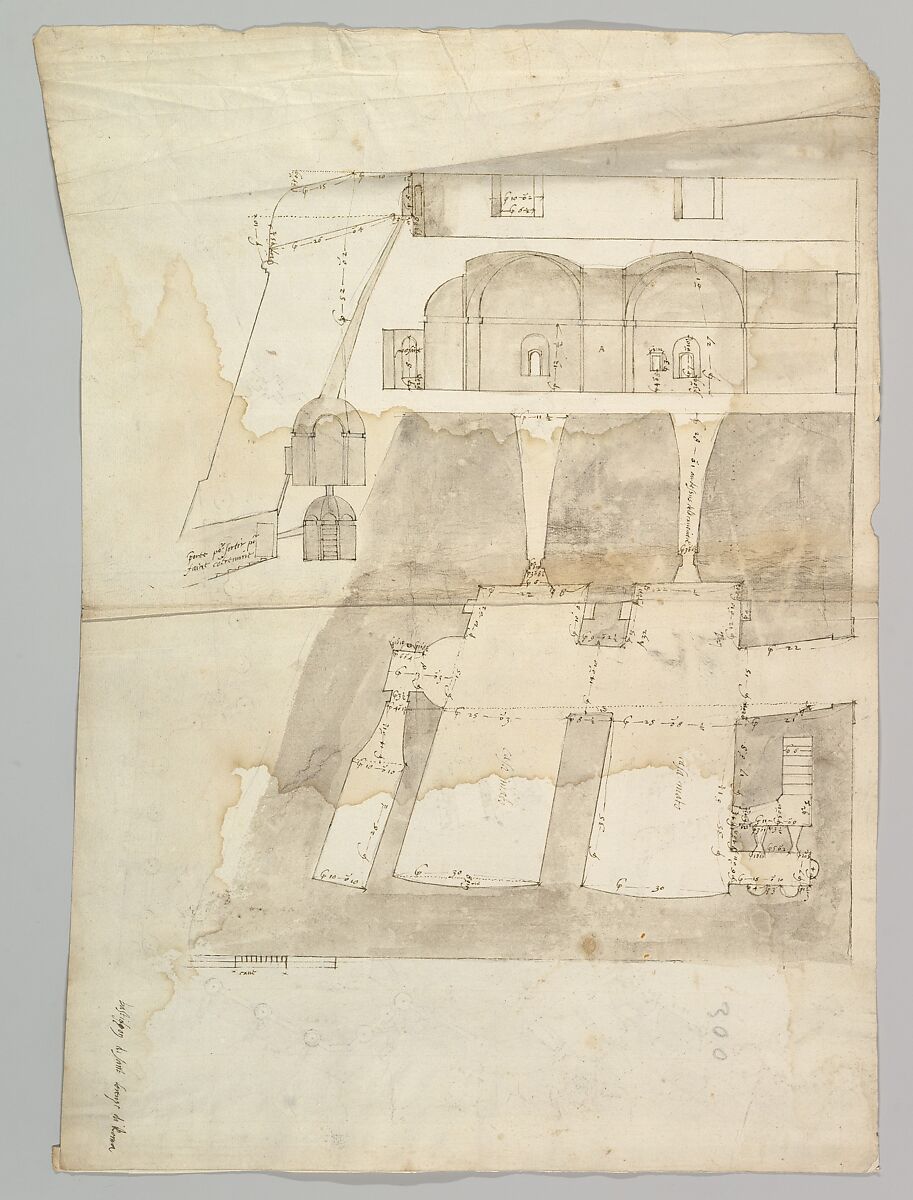 Bastione Ardeatino, Rome, plan and section (recto) Bastione Ardeatino, Rome, plans (verso), Drawn by Anonymous, French, 16th century, Dark brown ink, black chalk, and incised lines 