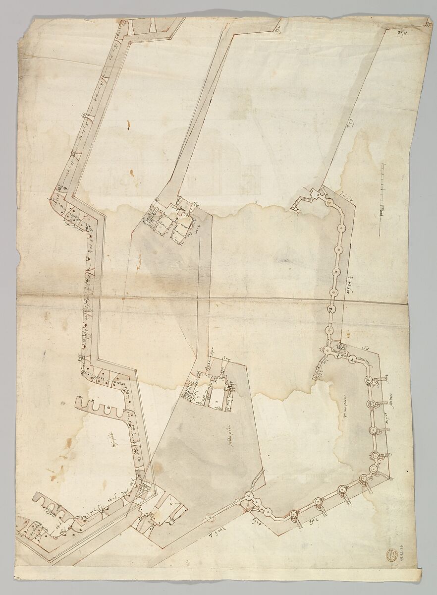 Bastione Ardeatino, Rome, plan and section (recto) Bastione Ardeatino, Rome, plans (verso), Drawn by Anonymous, French, 16th century, Dark brown ink, black chalk, and incised lines